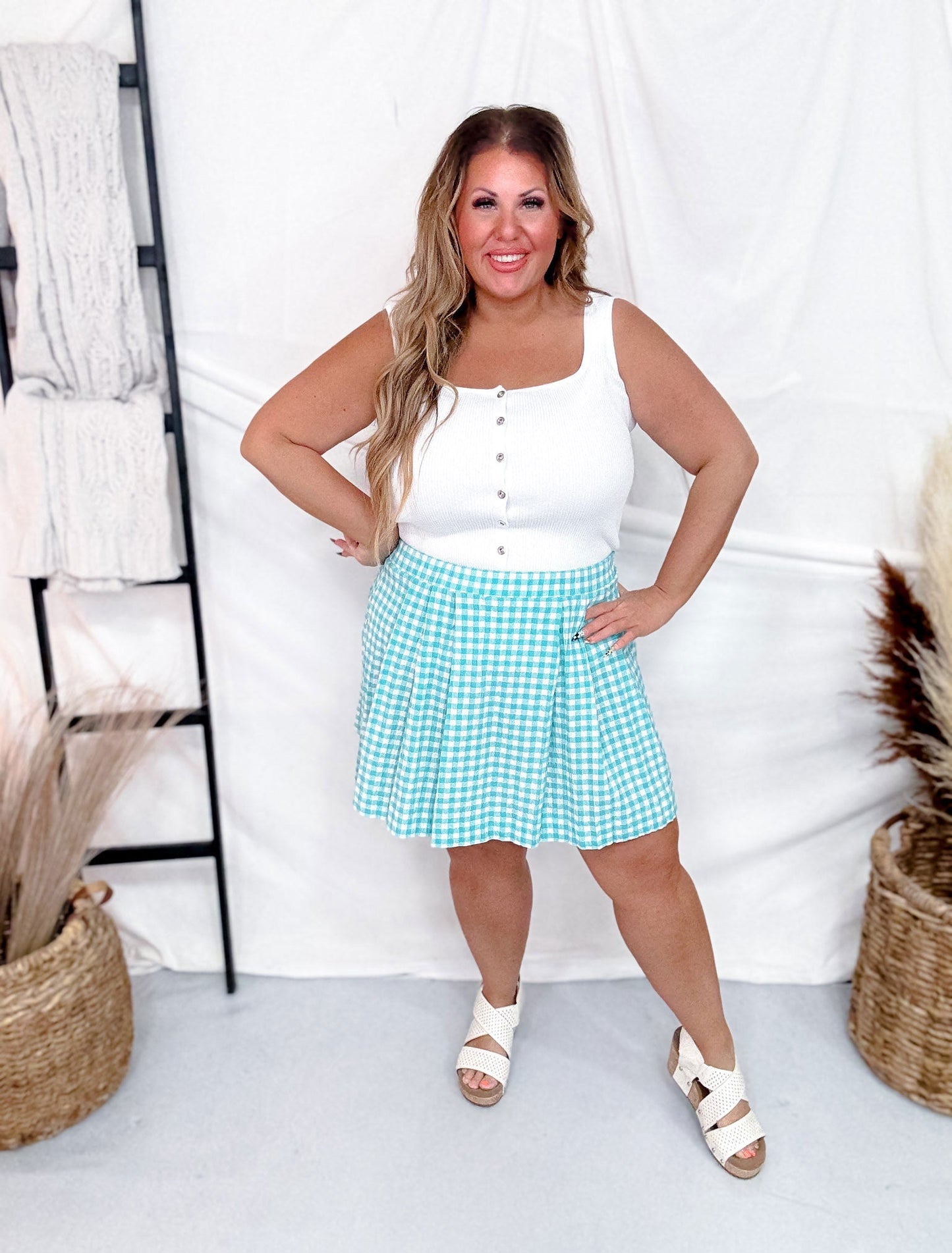 Aqua and White Gingham Pleated Mini Skirt