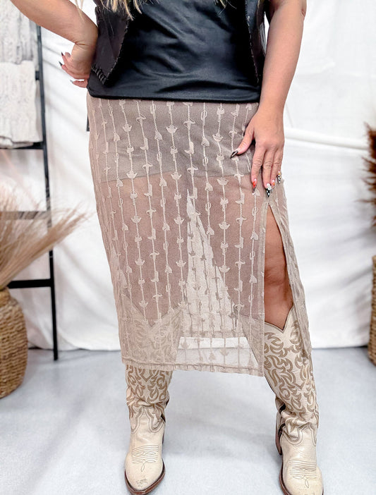 Beige Lace Skirt W/ Front Slit & Western Design FINAL SALE