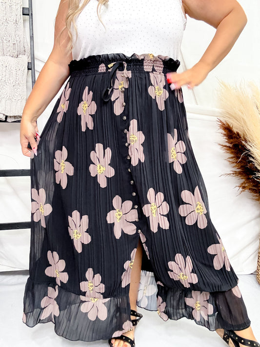 Black and Brown Floral Button Front Maxi Skirt