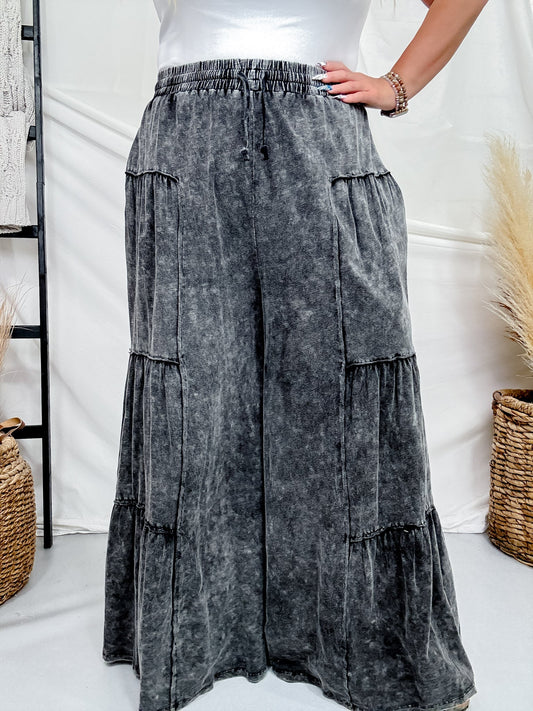 Black Mineral Washed Tiered Wide Leg Pants