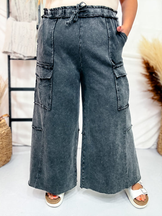 Black Mineral Washed Wide Leg Cargo Pants