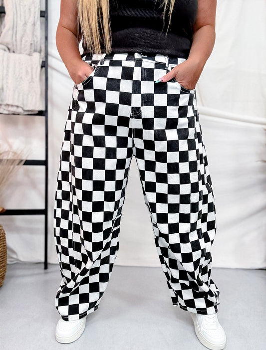 Black & White Checkered Barrel Leg Pants